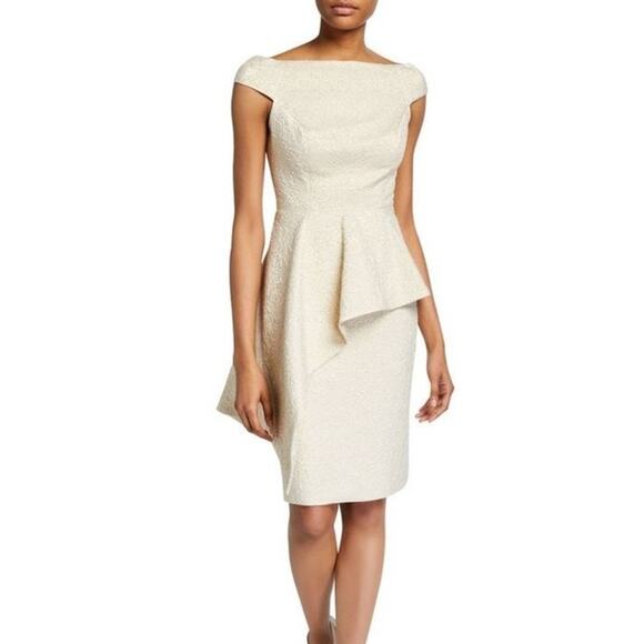 Teri Jon Peplum Cocktail Dress Gold Metallic Ruffle Knee Length Sheath Sz 4 - Picture 3 of 11